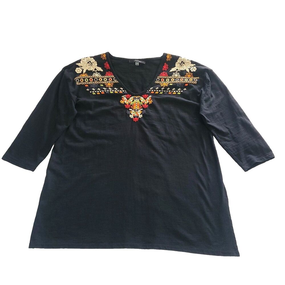 Boho Embroidered Yoke Top XL Black August Silk 3/4 sleeve v neck western aztec